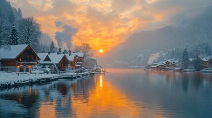 Fototapeta premium Snowy village at sunset reflected in calm lake water.