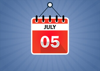 July 05, Calendar hanging sign. 5th days of the month, modern illustration. Date day of week Sunday, Monday, Tuesday, Wednesday, Thursday, Friday, Saturday. Flat style