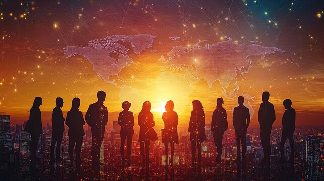 Global Networking at Sunset: A Striking Business Silhouette Poster Featuring Cityscape and World Map for Modern Office Décor and Inspiring Workspaces