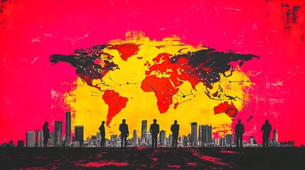 Global Networking at Sunset: A Striking Business Silhouette Poster Featuring Cityscape and World Map for Modern Office D&eacute;cor and Inspiring Workspaces