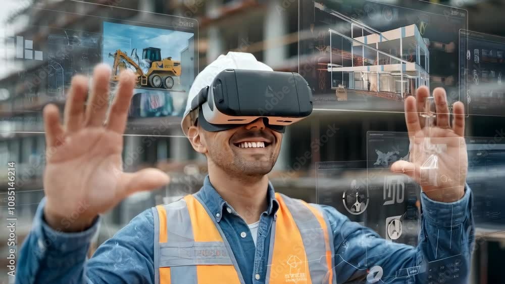 Poster a construction worker using virtual reality for project visualization on a building site.
