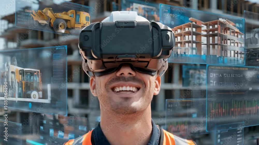 Poster a construction worker using vr technology on-site for data visualization and training.