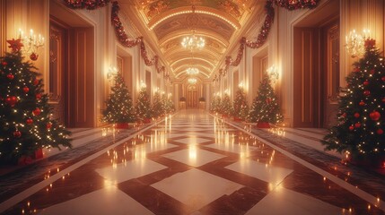 Obraz premium Elegant christmas hall decorated with lights and trees