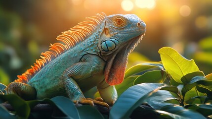 Naklejka premium Vibrant green iguana basking in sunlight.