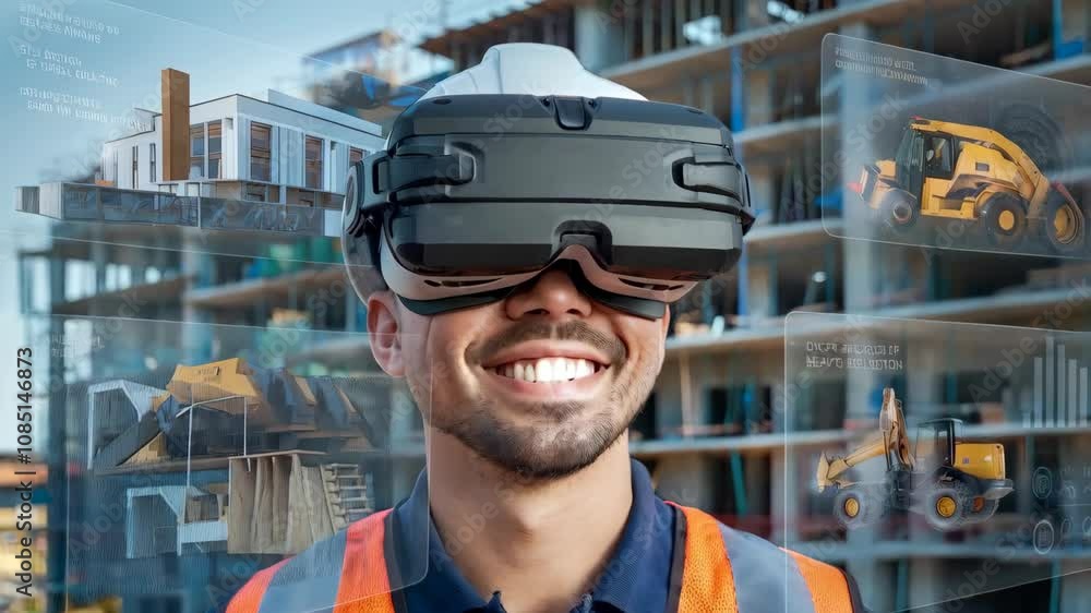 Poster a construction worker using virtual reality technology on a building site.
