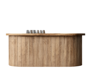 Modern wooden bar counter with metal cups on top in a minimalistic design for a contemporary space