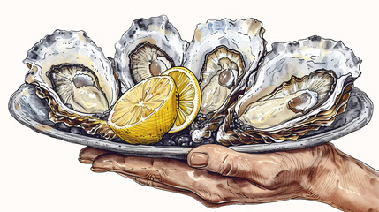 A retro etching of a hand holding a platter of oysters and lemon slices, representing a gourmet seafood meal