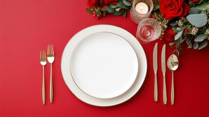 A beautifully set dining table with elegant gold cutlery, a blank white plate, and a floral arrangement featuring roses on a vibrant red tablecloth. - Powered by Adobe