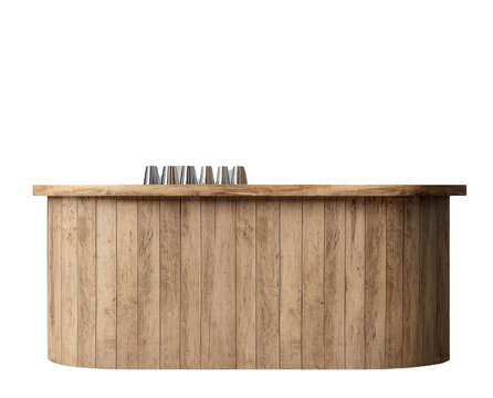 Modern wooden bar counter with metal cups on top in a minimalistic design for a contemporary space