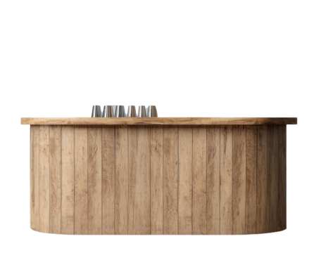 Modern wooden bar counter with metal cups on top in a minimalistic design for a contemporary space