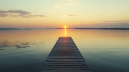 Naklejka premium Sunset Over a Tranquil Lake with a Wooden Dock