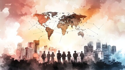 Dynamic Business Connections: Silhouettes Against a Global Landscape - Perfect as a Poster for Modern Offices or Inspirational Sports Interiors