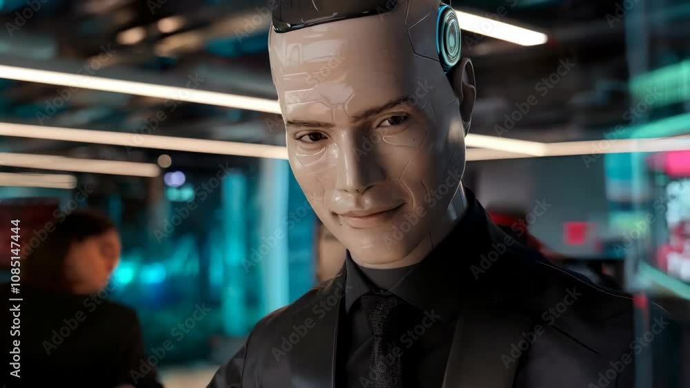 Poster a humanoid robot interacts with digital displays, showcasing technology and data analysis.