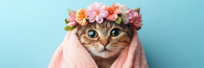 Obraz premium Adorable Cat in Flower Crown and Pink Towel - Cute cat wearing a flower crown and pink towel, perfect for spring or summer themes. Symbolizing beauty, pampering, serenity, joy, and pets.