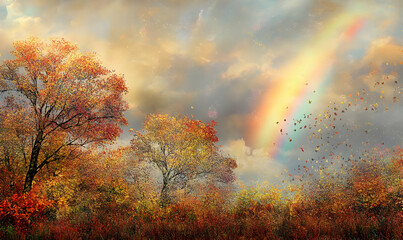 A serene autumn landscape featuring colorful trees, a rainbow, and drifting leaves.