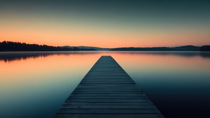 Fototapeta premium Wooden Dock Leading to a Serene Lake at Sunrise