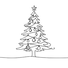 Festive single-line drawing of a decorated Christmas tree with ornaments and a star, perfect for holiday celebrations