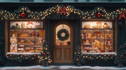 A delightful bakery window decorated for the holidays features vibrant pastries and festive ornaments, inviting passersby to enjoy seasonal sweets and warm cheer throughout winter.