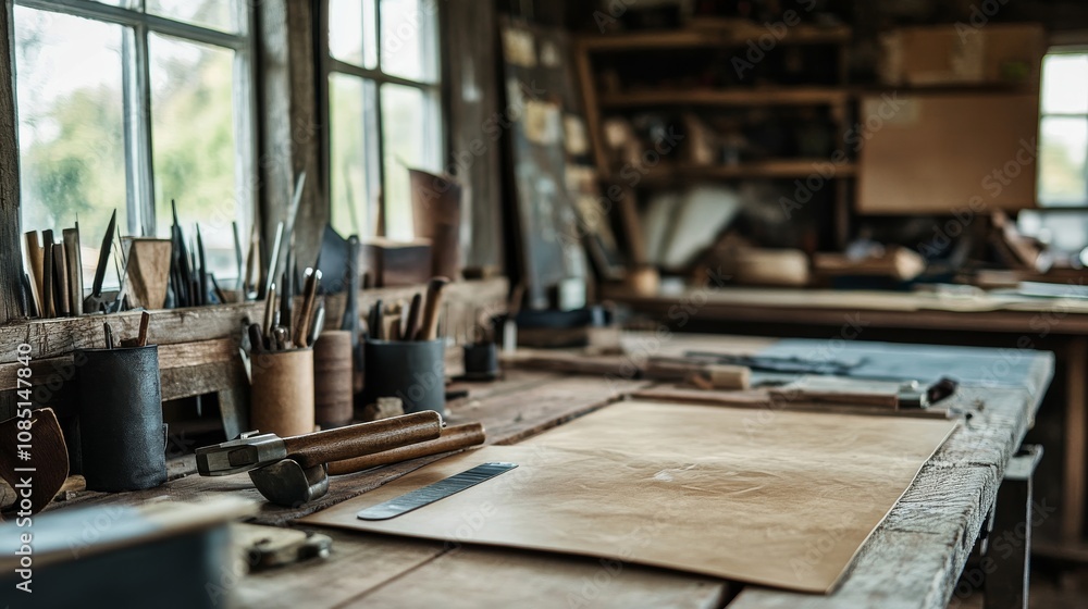 Poster an intricate leather crafting station in a rustic workshop, leather tools and materials neatly arran