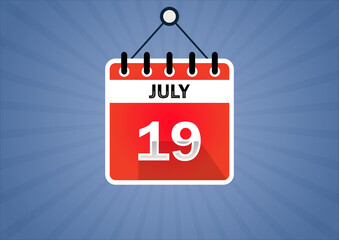 July 19, Calendar hanging sign. 19th days of the month, modern illustration. Date day of week Sunday, Monday, Tuesday, Wednesday, Thursday, Friday, Saturday. Flat style