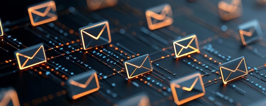 Abstract visualization of email flow and data streams for marketing automation, glowing network of emails