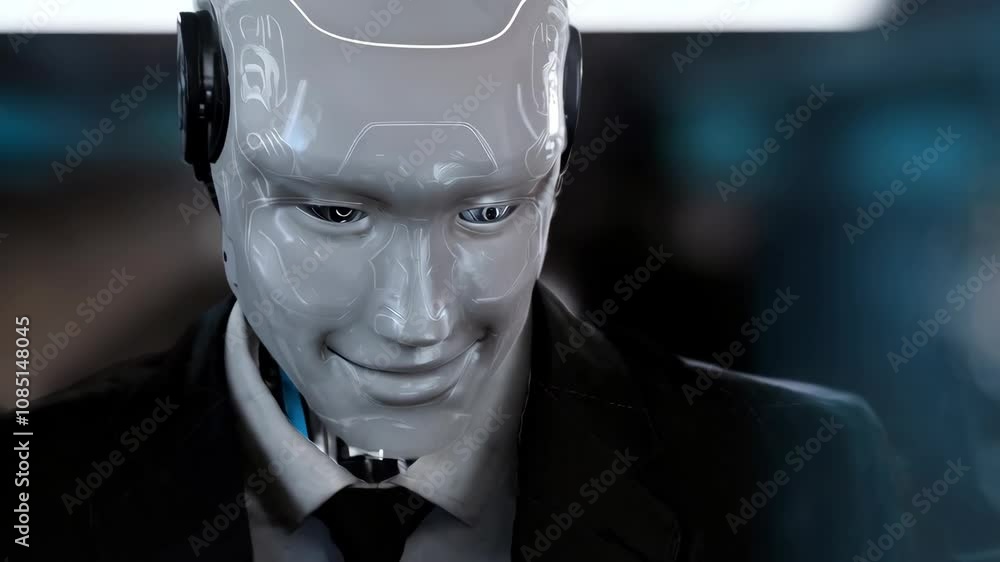 Poster a humanoid robot in a suit interacts with digital data displays in a futuristic setting.
