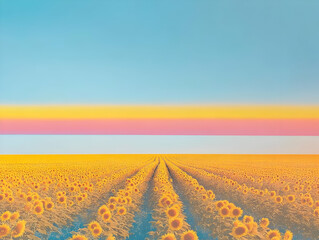 A vibrant sunflower field under a colorful sky at sunset.