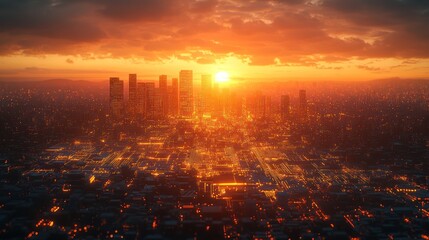 Fototapeta premium Dramatic sunset over sprawling city skyline.