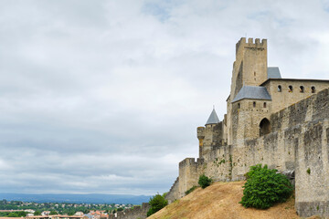 View of the fortified city of Carcasonne. Carcassonne is a medieval castle located in the French city of Carcassonne in Aude Occitanie Southern France