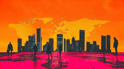Sunset Cityscape Poster: Ambitious Business Silhouettes with Glowing World Map Overlay, Perfect for Modern Interiors and Inspiring Workspaces