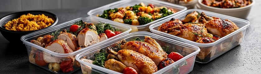 Fototapeta premium Multiple plastic containers filled with roasted chicken and sides, ready for freezing