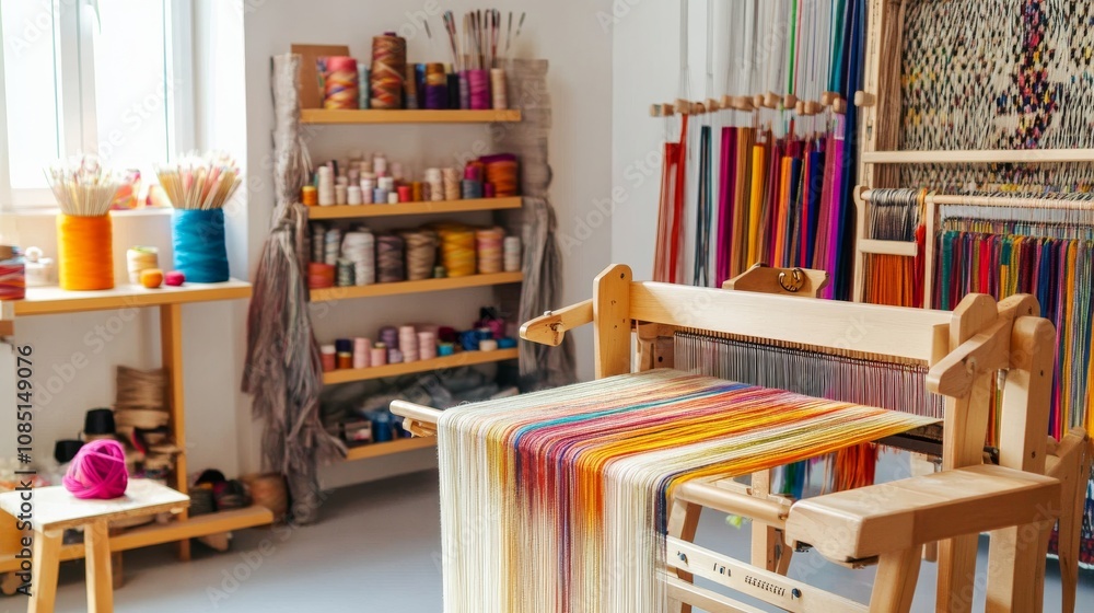 Poster An intricate tapestry weaving setup in a bright studio, Loom and colorful threads neatly organized, Minimalist artistic style