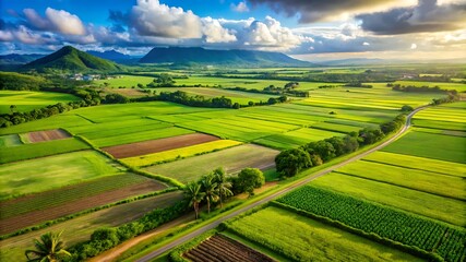 Obraz premium Aerial View of Vibrant Green Farmlands and Rolling Hills