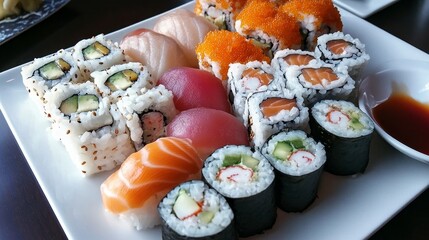 Assorted Sushi and Maki Rolls Platter - Delicious sushi platter featuring assorted maki rolls, nigiri, and California rolls. Perfect for a lunch or dinner. Fresh seafood, vibrant colors.