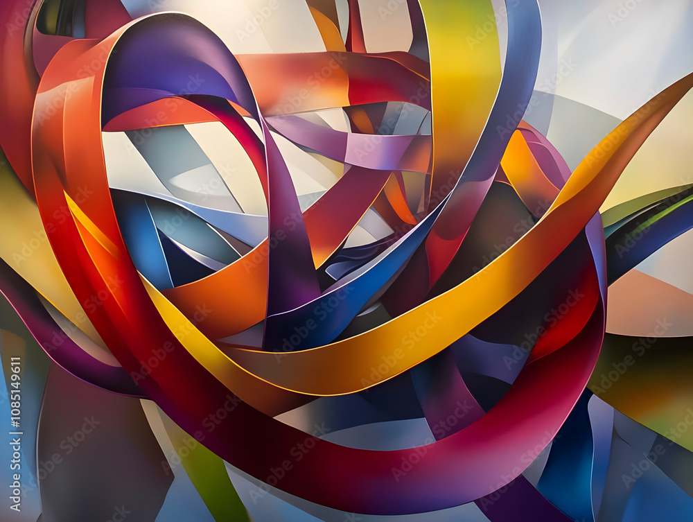 Poster abstract colorful ribbons intertwine, creating a dynamic, fluid composition.