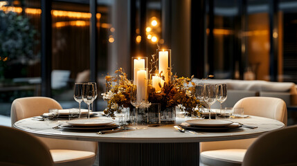 Candlelight Dinner Table Setting with Dried Flowers - 3D Illustration