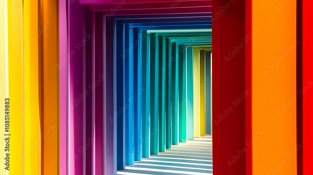 Poster a vibrant, colorful tunnel of layered rectangles creating a mesmerizing visual effect.