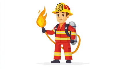Cartoon Illustration of a Firefighter Holding a Fire Hose