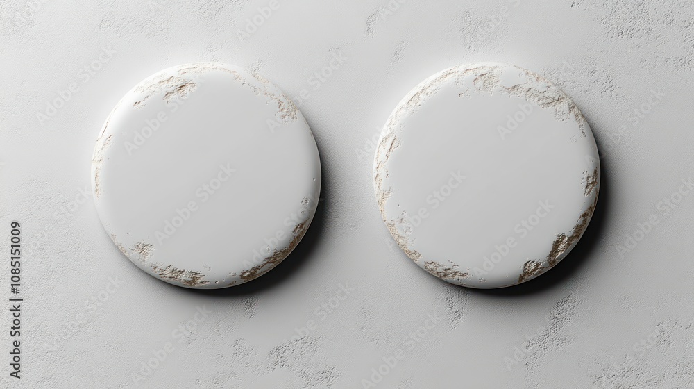 Poster two white circular objects on a white background