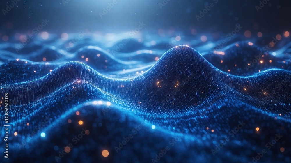 Poster abstract blue wave background with glowing particles.