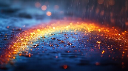 Rain reflecting vibrant lights on wet asphalt.