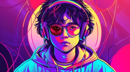 A young person with headphones one eye red stares intensely into the viewer's eyes