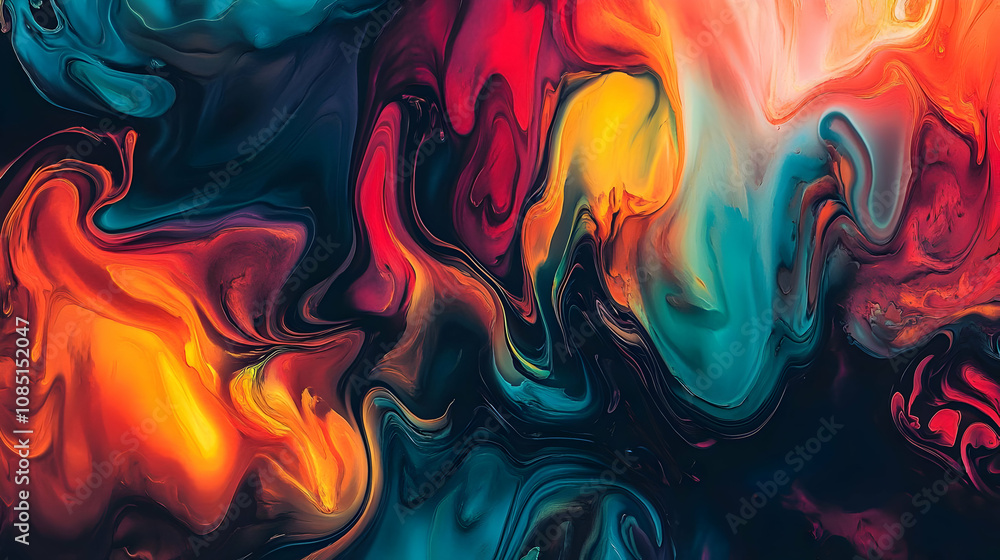 Poster a vibrant abstract swirl of colors blending seamlessly in a dynamic, fluid composition.