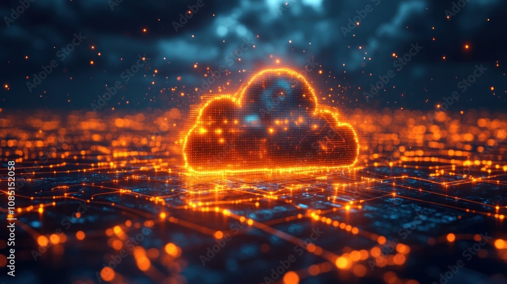 Poster glowing cloud computing symbol on digital network.