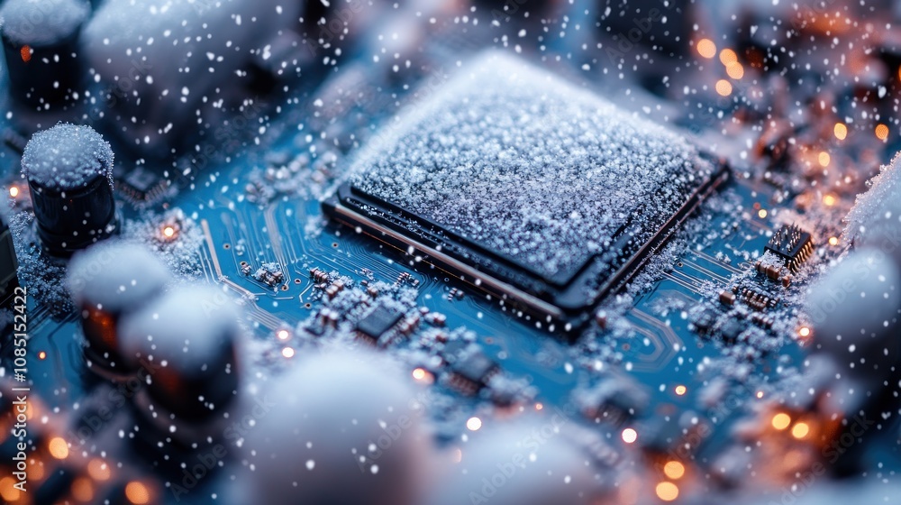 Poster frosty cpu snow-covered computer processor.