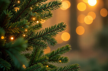 Close-up of the green branches of a fir tree against a flickering blurred background of a bokeh and a copy space