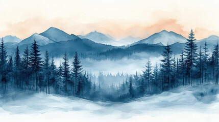 Obraz premium Watercolor landscape of misty mountains under a cloudy sky, evoking a tranquil and serene winter atmosphere.
