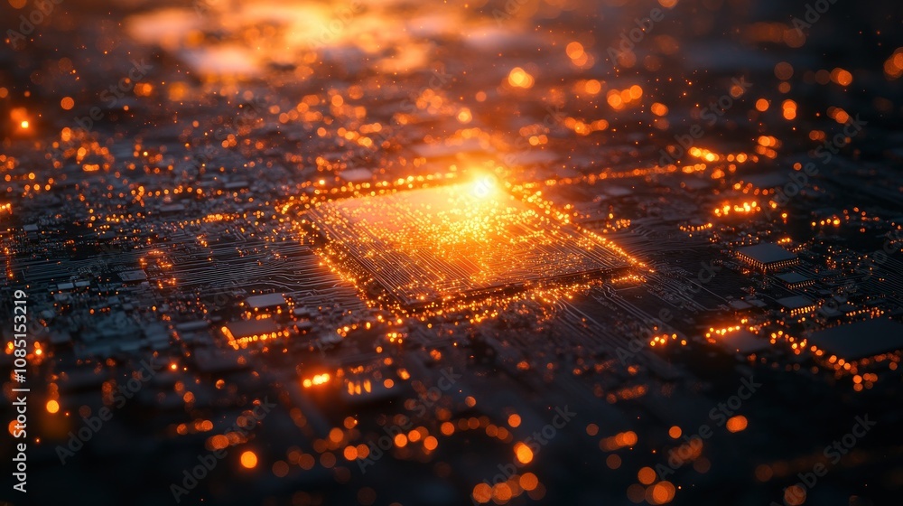 Poster glowing cpu on circuit board.