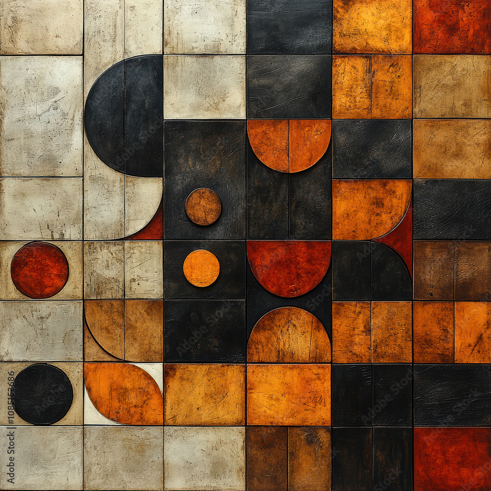 Poster contemporary geometric abstract artwork featuring a stylish pattern of squares and circles in bold c