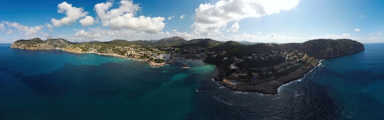 Panoramic aerial view of Camp de Mar Beach, Majorca, Balearic Islands, Spain.